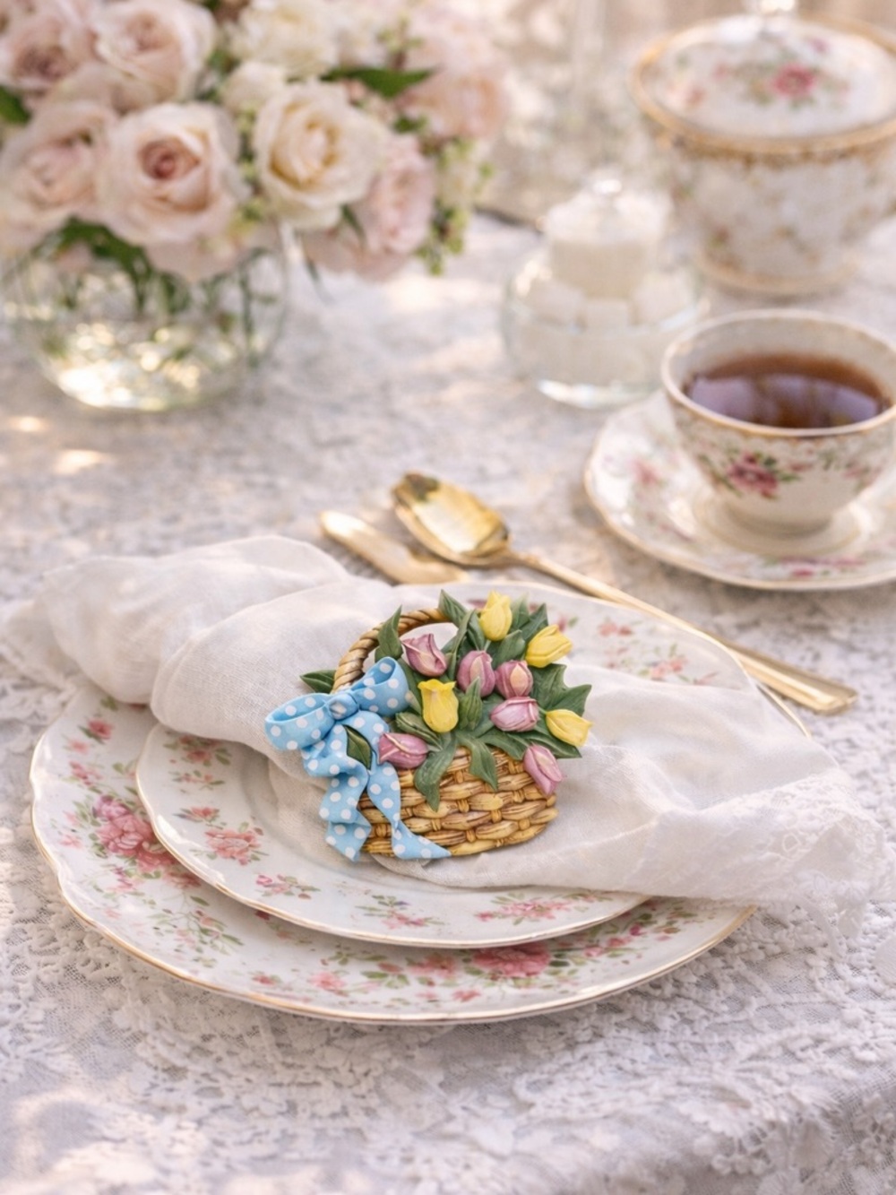 Vintage Tulip Basket Napkin Rings Set 6 Cottagecore Tea Party Decor